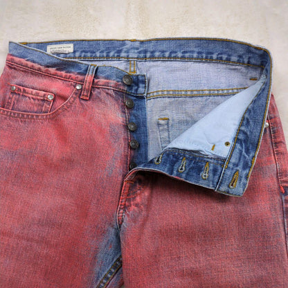 Dries Van Noten bleached denim marble bottoms, orange, size 31 #QO98TY