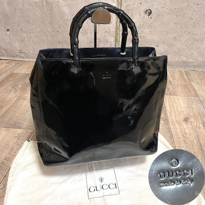 GUCCI Bamboo Patent Enamel Leather Handbag Black Serial No. Hankyu Japan #QYGXU9