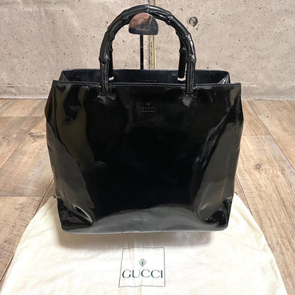 GUCCI Bamboo Patent Enamel Leather Handbag Black Serial No. Hankyu Japan #QYGXU9