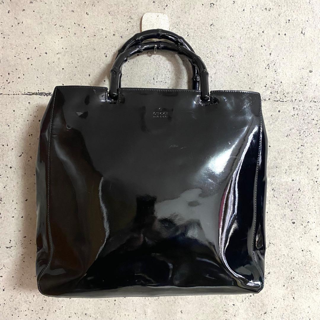 GUCCI Bamboo Patent Enamel Leather Handbag Black Serial No. Hankyu Japan #QYGXU9