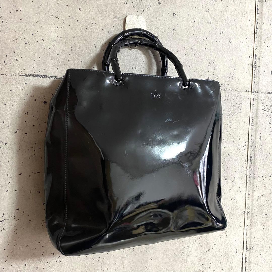 GUCCI Bamboo Patent Enamel Leather Handbag Black Serial No. Hankyu Japan #QYGXU9