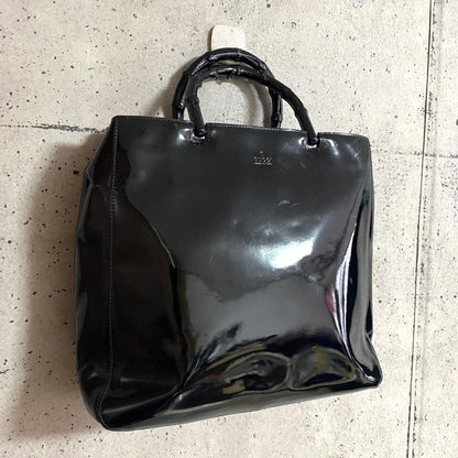 GUCCI Bamboo Patent Enamel Leather Handbag Black Serial No. Hankyu Japan #QYGXU9
