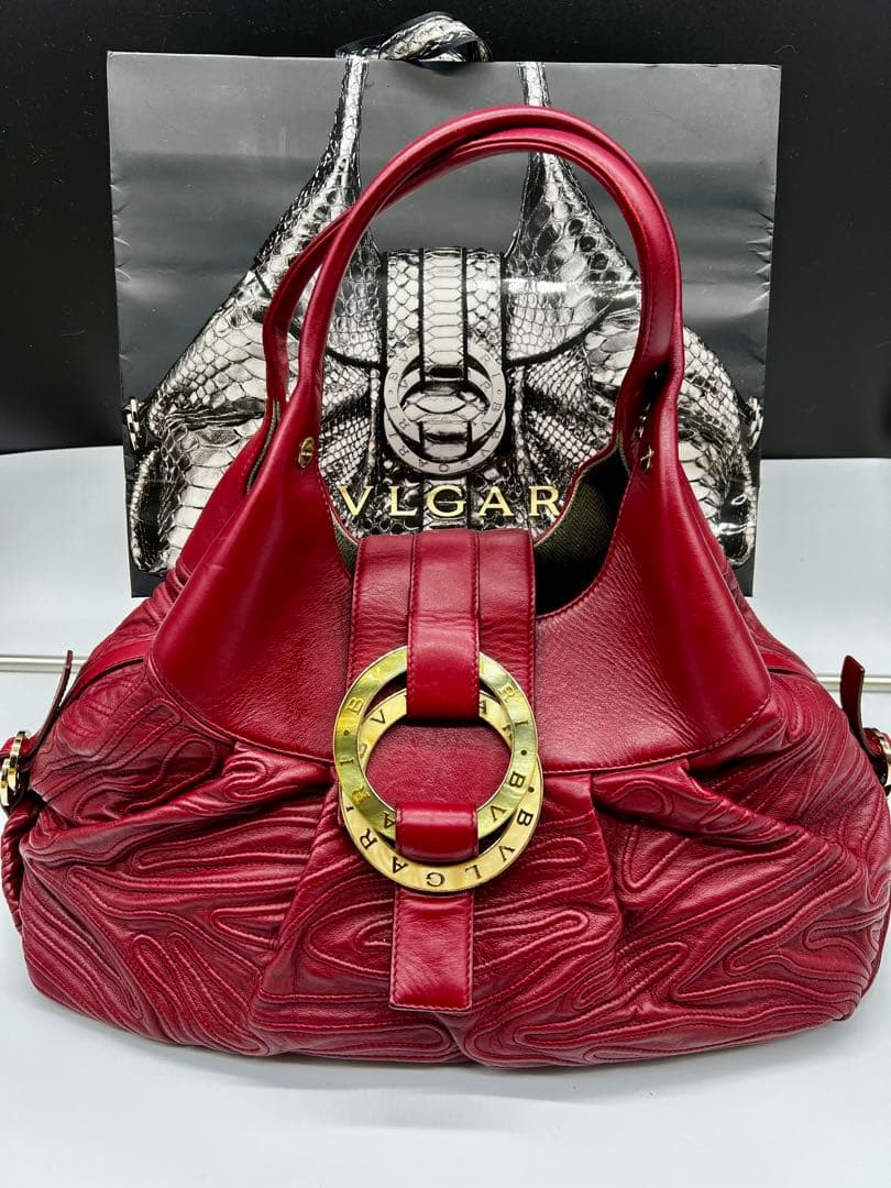 BVLGARI Chandra Red Leather Handbag Authentic Luxury #QY6PP4
