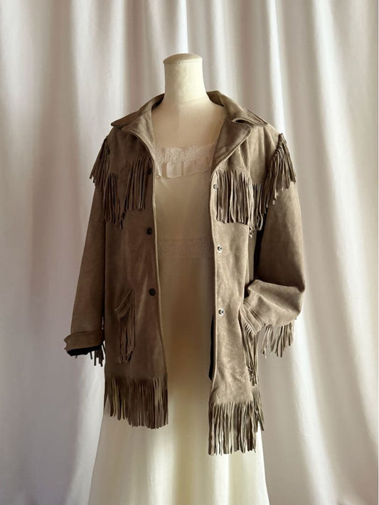 Vintage 70s USA fringe gray leather rider's jacket #QYFVTR