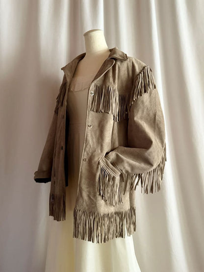 Vintage 70s USA fringe gray leather rider's jacket #QYFVTR