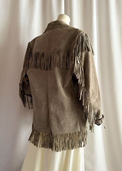 Vintage 70s USA fringe gray leather rider's jacket #QYFVTR