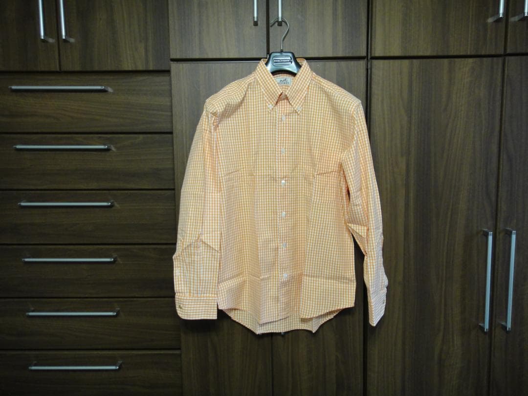 HERMES button-down shirt, check pattern, Serie gold buttons, cleaned #PC7XRK