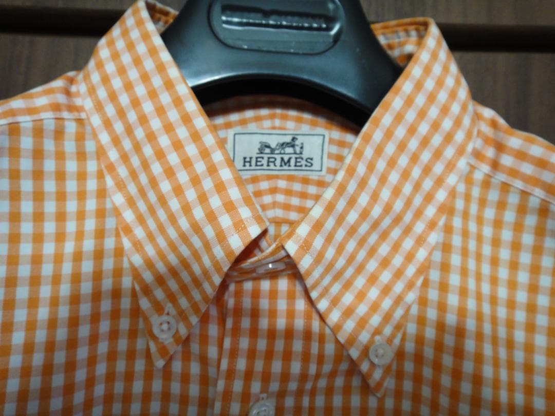 HERMES button-down shirt, check pattern, Serie gold buttons, cleaned #PC7XRK