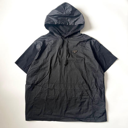 Prada Triangle Logo Nylon Panel Hoodie, Short Sleeve, Black, Size Small #QYBDJ0