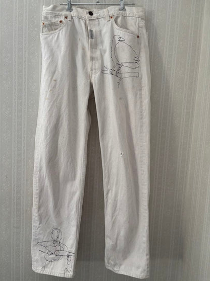 80's Levi's 501 white jeans with machine-stitched pattern, size 36 #QOAXQR