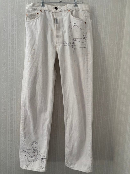 80's Levi's 501 white jeans with machine-stitched pattern, size 36 #QOAXQR