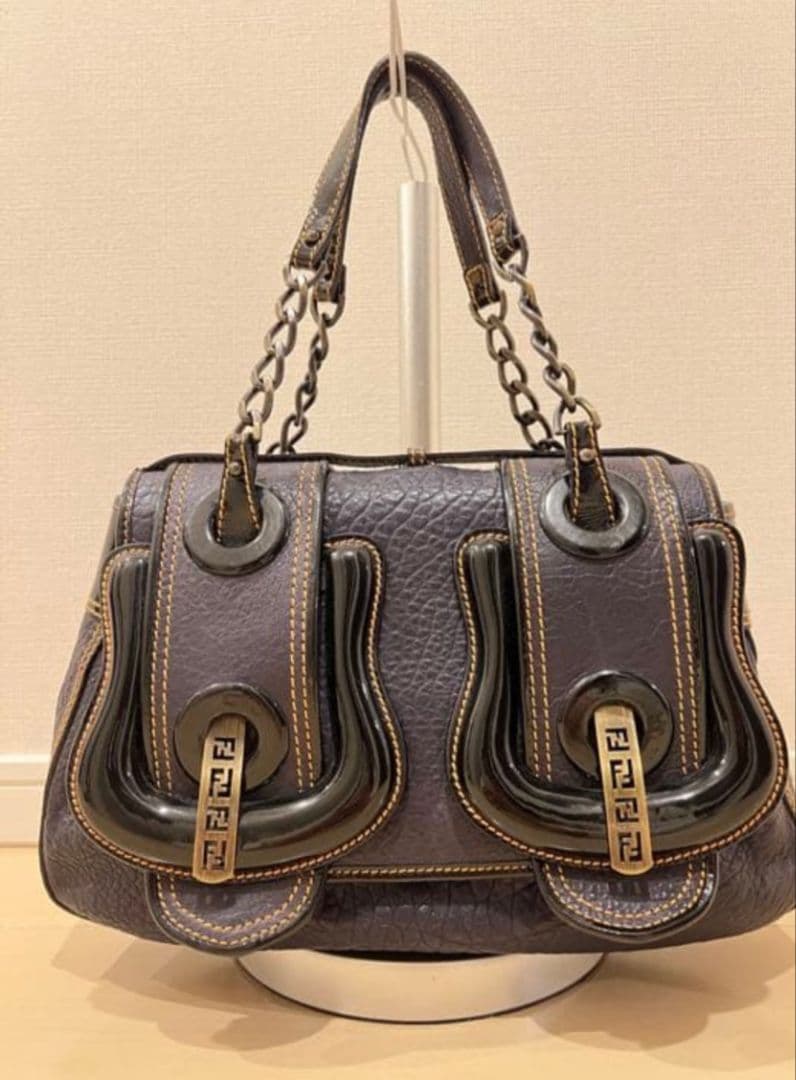 FENDI Dark Gray Leather Handbag Buckle Chain Strap #QY2LPR
