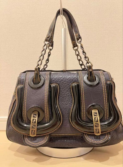 FENDI Dark Gray Leather Handbag Buckle Chain Strap #QY2LPR