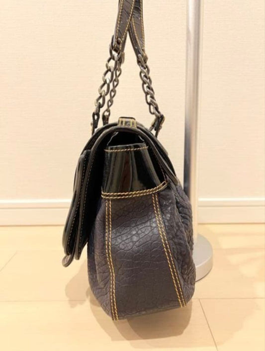 FENDI Dark Gray Leather Handbag Buckle Chain Strap #QY2LPR