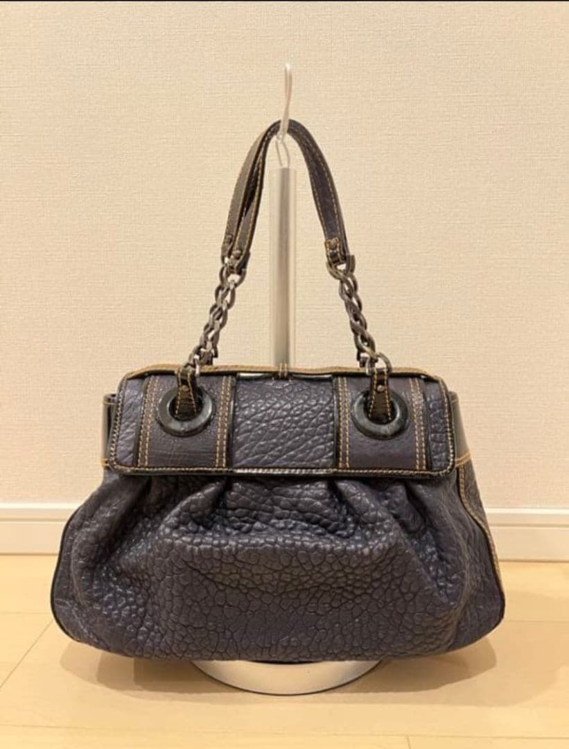 FENDI Dark Gray Leather Handbag Buckle Chain Strap #QY2LPR