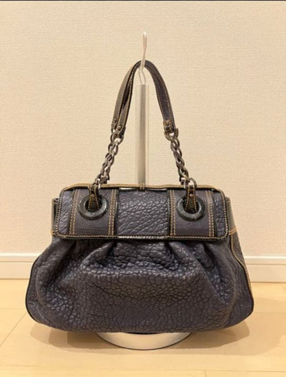 FENDI Dark Gray Leather Handbag Buckle Chain Strap #QY2LPR