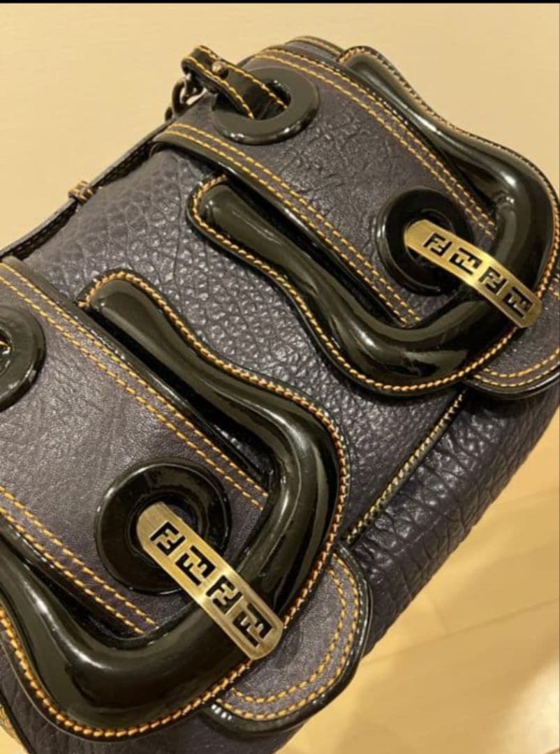 FENDI Dark Gray Leather Handbag Buckle Chain Strap #QY2LPR