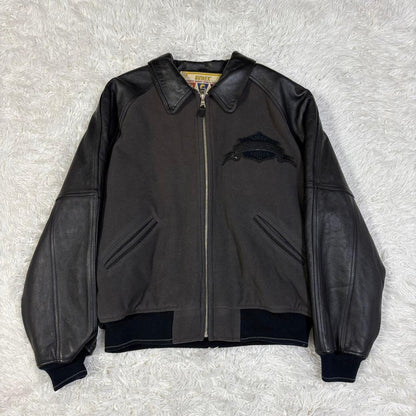 AVIREX Black Leather Jacket, XXL, Varsity Stadium Jacket #QYF10M