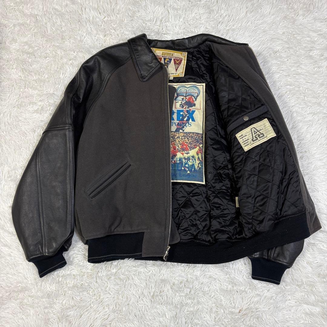 AVIREX Black Leather Jacket, XXL, Varsity Stadium Jacket #QYF10M