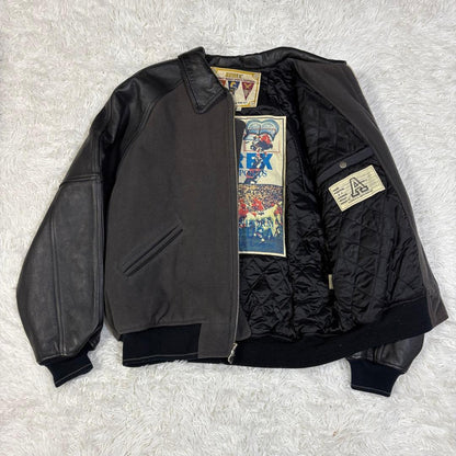 AVIREX Black Leather Jacket, XXL, Varsity Stadium Jacket #QYF10M