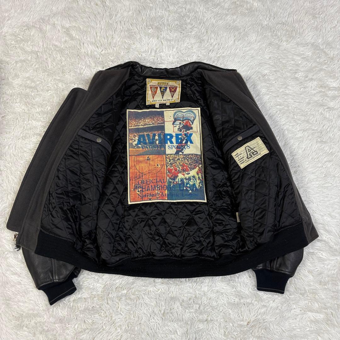 AVIREX Black Leather Jacket, XXL, Varsity Stadium Jacket #QYF10M
