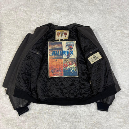 AVIREX Black Leather Jacket, XXL, Varsity Stadium Jacket #QYF10M