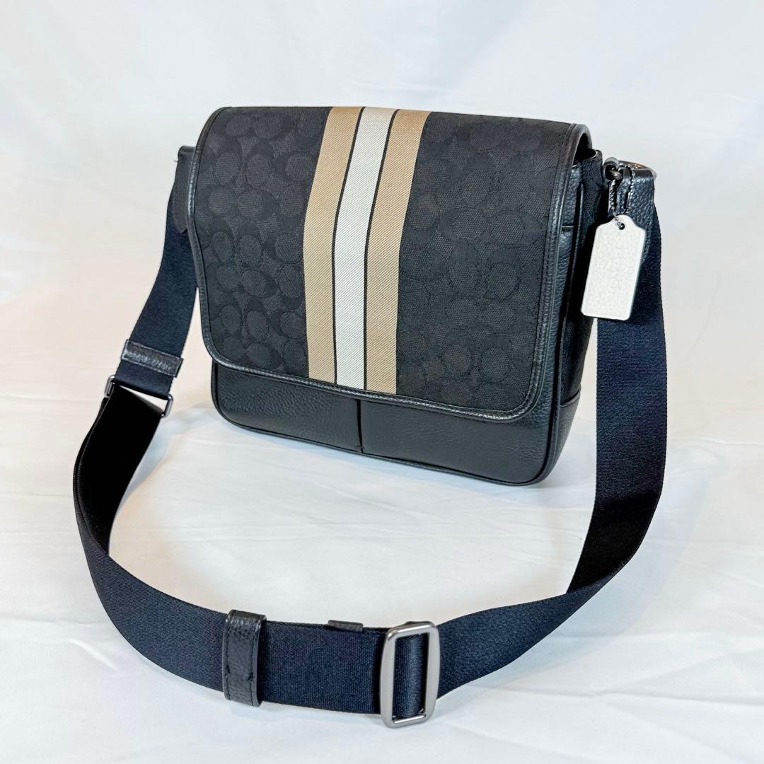 COACH C6583 Signature Canvas Leather Messenger Bag Black Beige #QYA32U