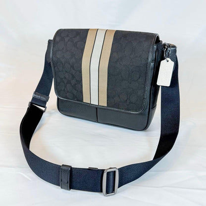 COACH C6583 Signature Canvas Leather Messenger Bag Black Beige #QYA32U