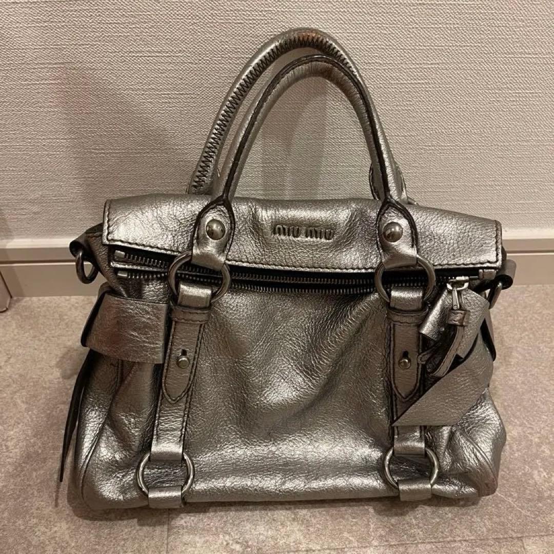 MIU MIU Ribbon Handbag Silver Leather #QY6UXS