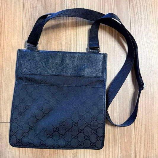 GUCCI GG Canvas Sherry Line Flat Shoulder Bag Black W24 H25 #QYC07S