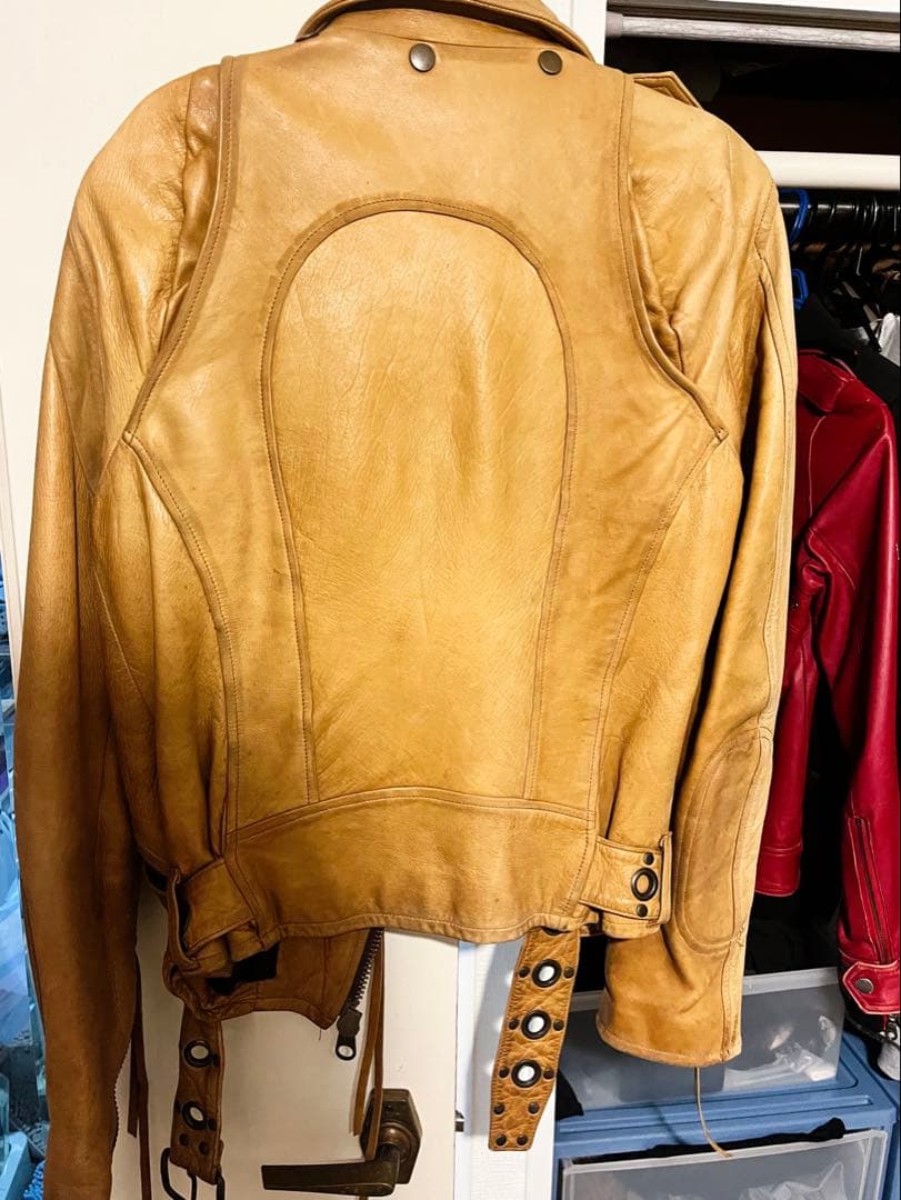 One-of-a-kind L.G.B Horse Leather Double Rider Jacket in Camel #QYG3KP