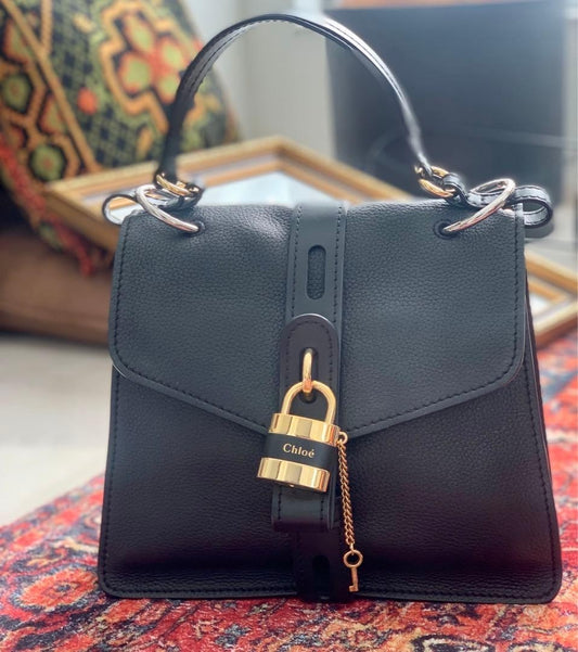 Chloe Abby Medium Bag, Black Leather, Women's, with Padlock #QY4Y1Q