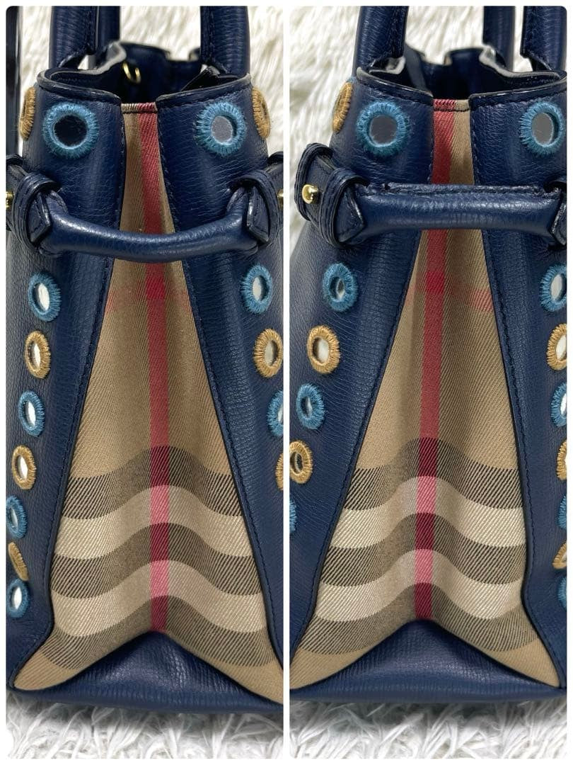 BURBERRY Nova Check 2WAY Navy Leather Handbag Mirror Patch Rare #QY0OXA