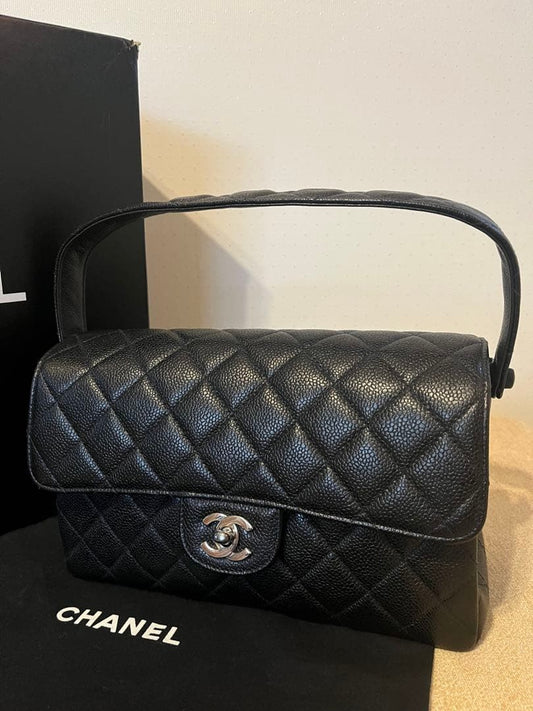 CHANEL Double Face Matelasse Caviar Skin Handbag Black Silver Classic #QY9OFJ