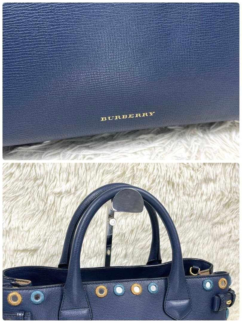 BURBERRY Nova Check 2WAY Navy Leather Handbag Mirror Patch Rare #QY0OXA