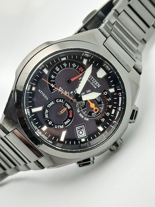 Citizen Attesa Radio-Controlled Solar Chronograph E610 in All Black Tita #PF7XUW