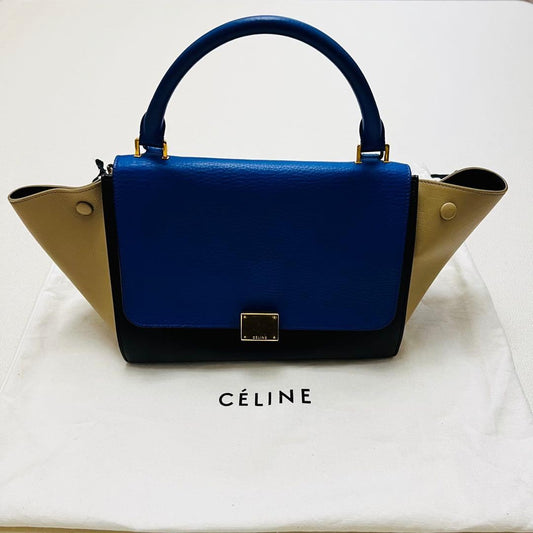 CÉLINE Trapeze Handbag, 2-way, Blue, Black, Beige Leather #QY2LUW