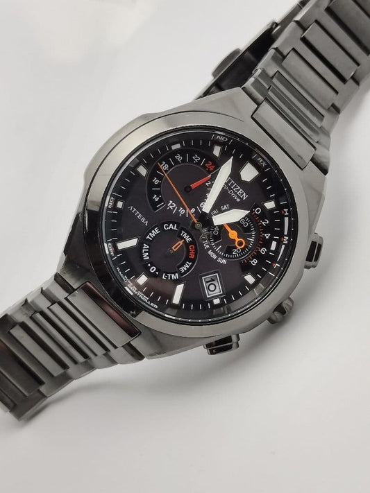 Citizen Attesa Radio-Controlled Solar Chronograph E610 in All Black Tita #PF7XUW