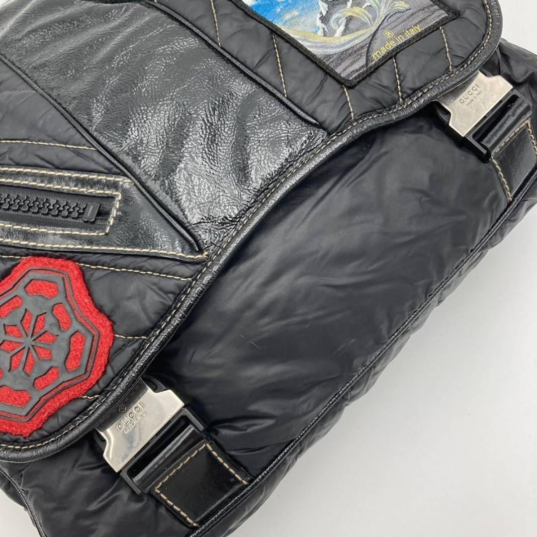 GUCCI Quilted Messenger Bag Black Nylon Leather Patch Embroidery #QY0V72