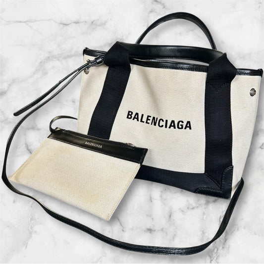 BALENCIAGA NAVY Cabas XS Tote Bag White Black Canvas With Pouch #QYB6T0