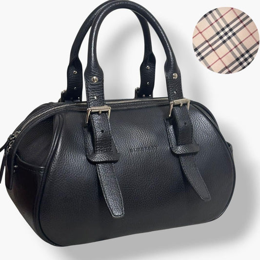 Burberry Mini Boston Bag, Leather, Grained Leather, Nova Check Pattern, #QY7K3D