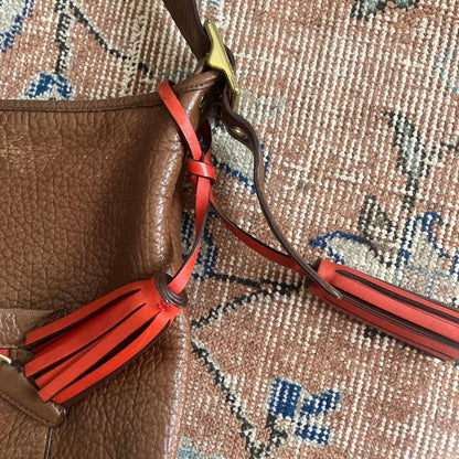 Brown leather shoulder bag with tassel #QY2DHB