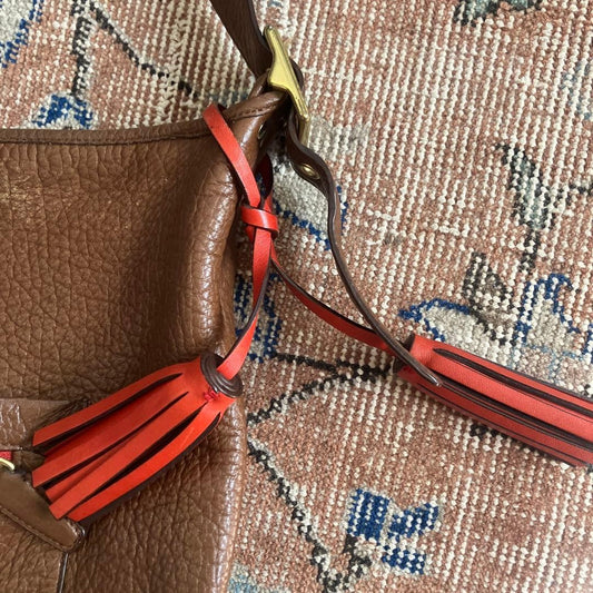 Brown leather shoulder bag with tassel #QY2DHB