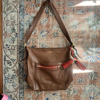 Brown leather shoulder bag with tassel #QY2DHB