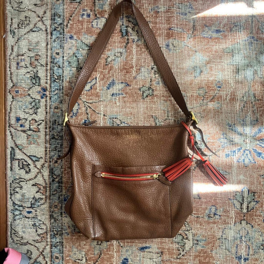 Brown leather shoulder bag with tassel #QY2DHB