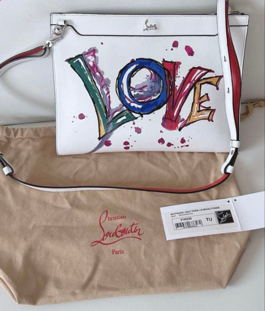 CHRISTIAN LOUBOUTIN Skypouch Calf Paris Love White Leather Party Bag #QYAI84