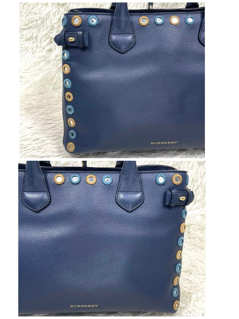 BURBERRY Nova Check 2WAY Navy Leather Handbag Mirror Patch Rare #QY0OXA