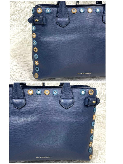BURBERRY Nova Check 2WAY Navy Leather Handbag Mirror Patch Rare #QY0OXA