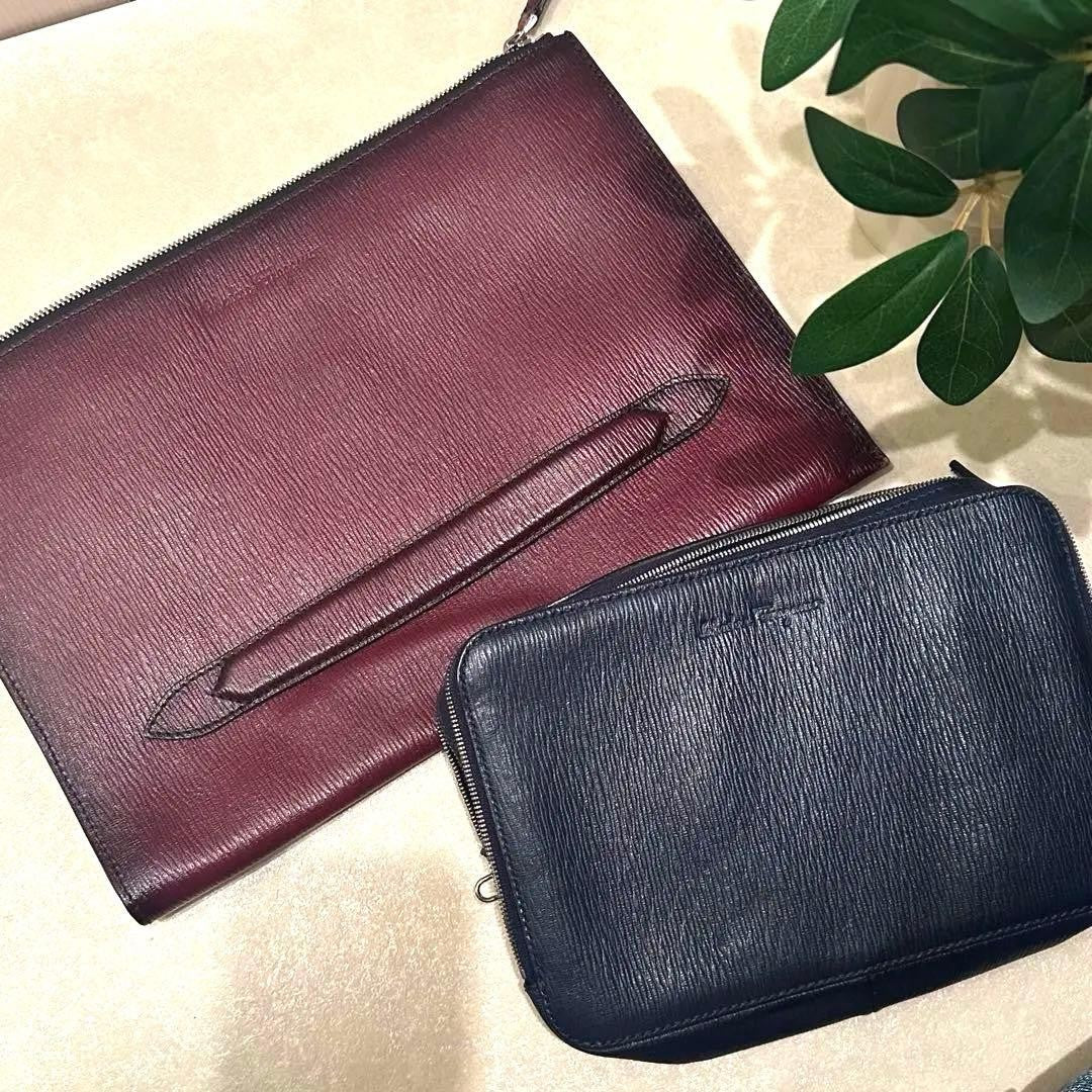 SALVATORE FERRAGAMO Leather Clutch Set Bordeaux Navy Embossed #QYIV7H