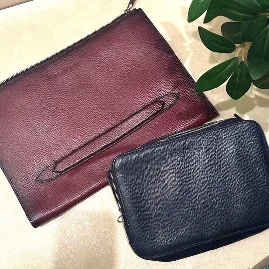 SALVATORE FERRAGAMO Leather Clutch Set Bordeaux Navy Embossed #QYIV7H
